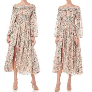 AMUR Daria Silk Blush Multi Wildflower Off The Shoulder Long Sleeve MIDI Dress